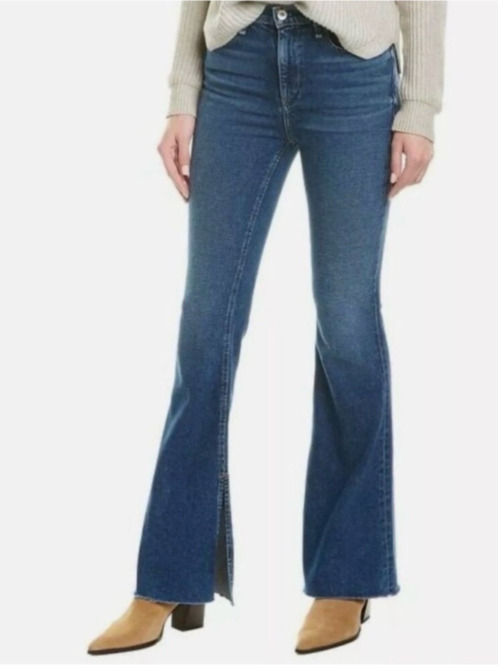 rag & bone Bella High Rise Split-Hem Raw Edge Flare Jeans in Lau Blue, Size 27